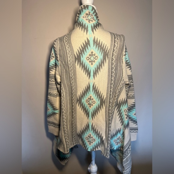 DREAMERS Gray Mint Aztec Southwestern Santa Fe Waterfall Open Cardigan sz Small - Picture 7 of 13